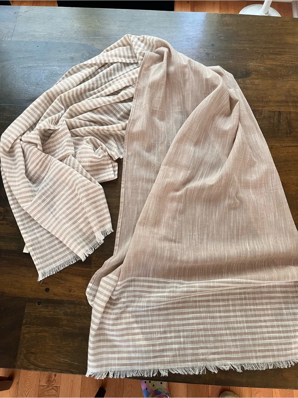 Light Sand Striped Cotton-Blend Scarf with Fringe